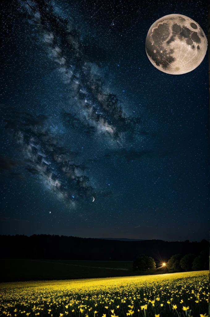 A night landscape dominated by a field of flowers and fireflies in the sky the stars and the moon are observed
