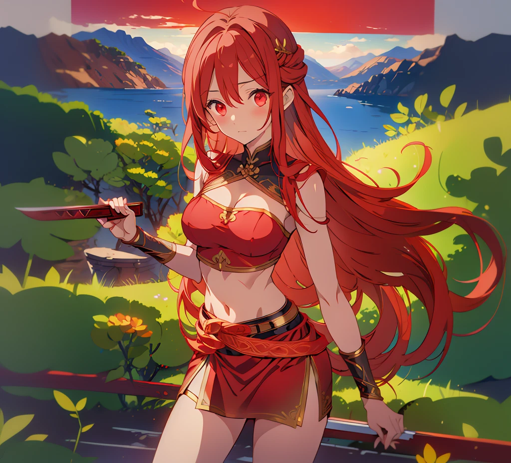 Four headed goddess holding a sword, red silk crop top, red miniskirt, greek landscape, mountain