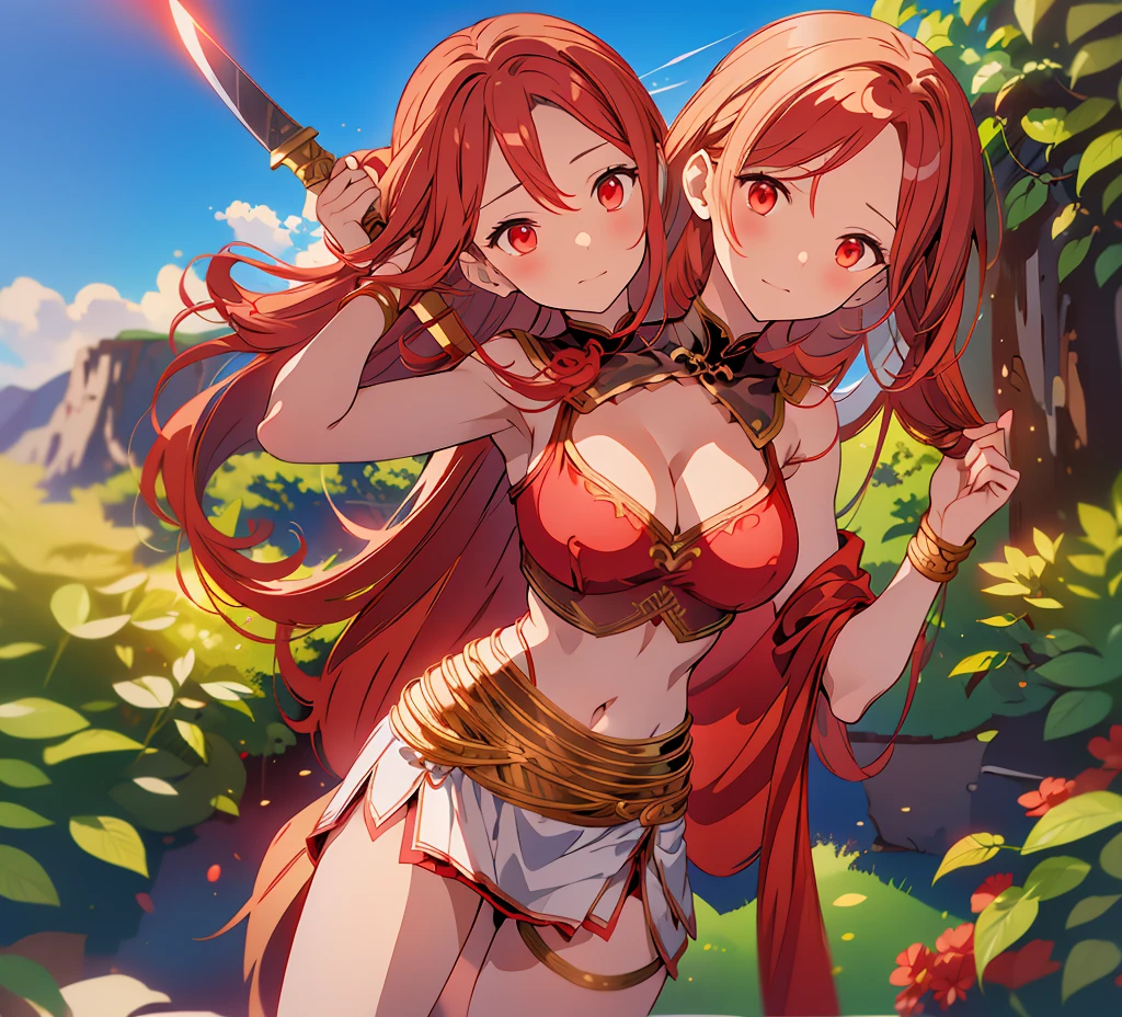 Four headed goddess holding a sword, red silk crop top, red , greek landscape, mountain