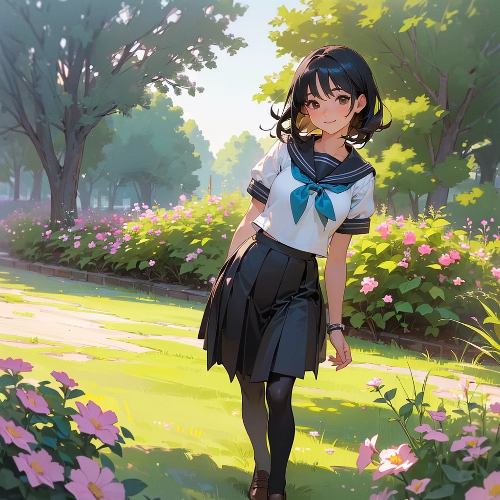 (Highest quality, High resolution, Super detailed, Realistic:1.37), Peaceful atmosphere, (Outdoor, garden), Teenage girl standing alone,(my breasts are big.),Beautifully detailed features, Cute Smile, ((Black bob hair)),Short-sleeved sailor uniform, Pleated skirt,Black tights,Brown leather shoes.