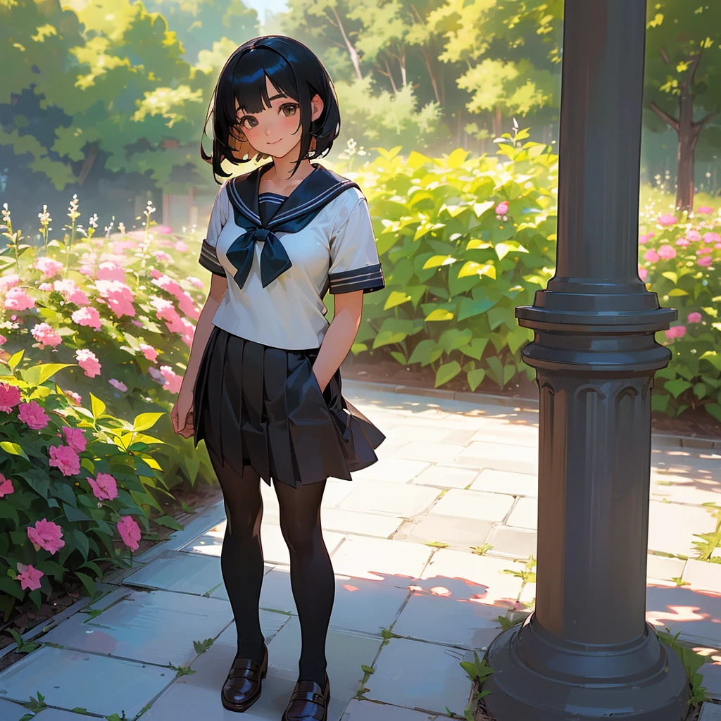 (Highest quality, High resolution, Super detailed, Realistic:1.37), Peaceful atmosphere, (Outdoor, garden), Teenage girl standing alone,(my breasts are big.),Beautifully detailed features, Cute Smile, ((Black bob hair)),Short-sleeved sailor uniform, Pleated skirt,Black tights,Brown leather shoes.