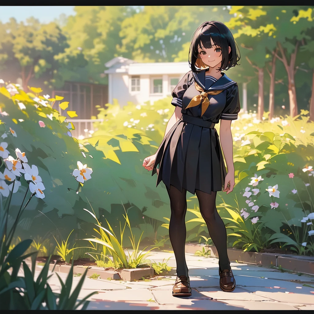 (Highest quality, High resolution, Super detailed, Realistic:1.37), Peaceful atmosphere, (Outdoor, garden), Teenage girl standing alone,(my breasts are big.),Beautifully detailed features, Cute Smile, ((Black bob hair)),Short-sleeved sailor uniform, Pleated skirt,Black tights,Brown leather shoes.