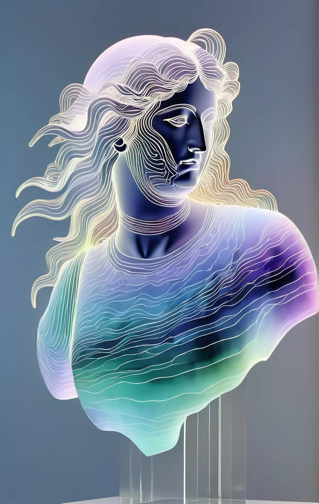 (bright dichroic lines:2), a greek marble bust, (long billowing hair:1.4), foggy, hazy, blurry geometric gradients background