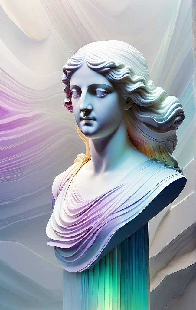 (bright dichroic lines:2), a greek marble bust, (long billowing hair:1.4), foggy, hazy, blurry geometric gradients background