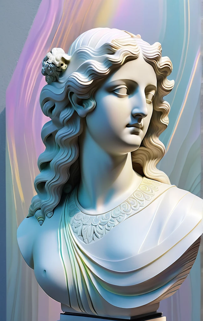 (bright dichroic lines:2), a greek marble bust, (long billowing hair:1.4), foggy, hazy, blurry geometric gradients background