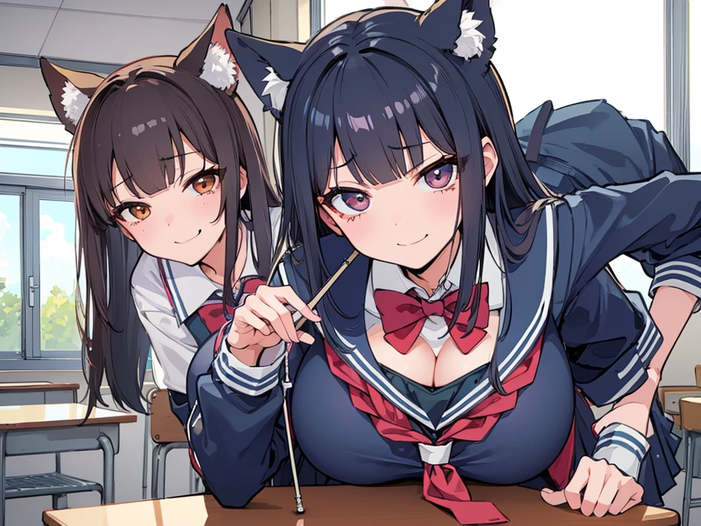 high school girl、School classroom、((Big Breasts))、((((独奏))))、smirk、1 girl、from below、With a cheek cane
