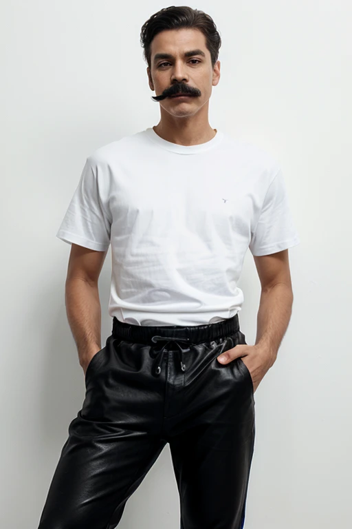 drawing of the 80s male gender, high, happy, moustache, sport shoes, black pantaloon,long white leather t-shirt