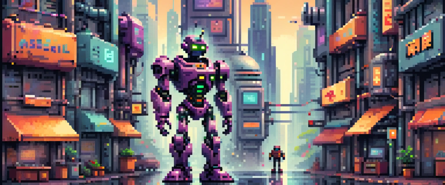 wallpaper, pixel art, futuristic character in a city controlled by robots, Retro Game, retro style characters, (work of art, best qualityer, perfect composition, very aesthetic, absurderes, ultra detali, details Intricate, proffesional, offcial art, Representative work:1.3)