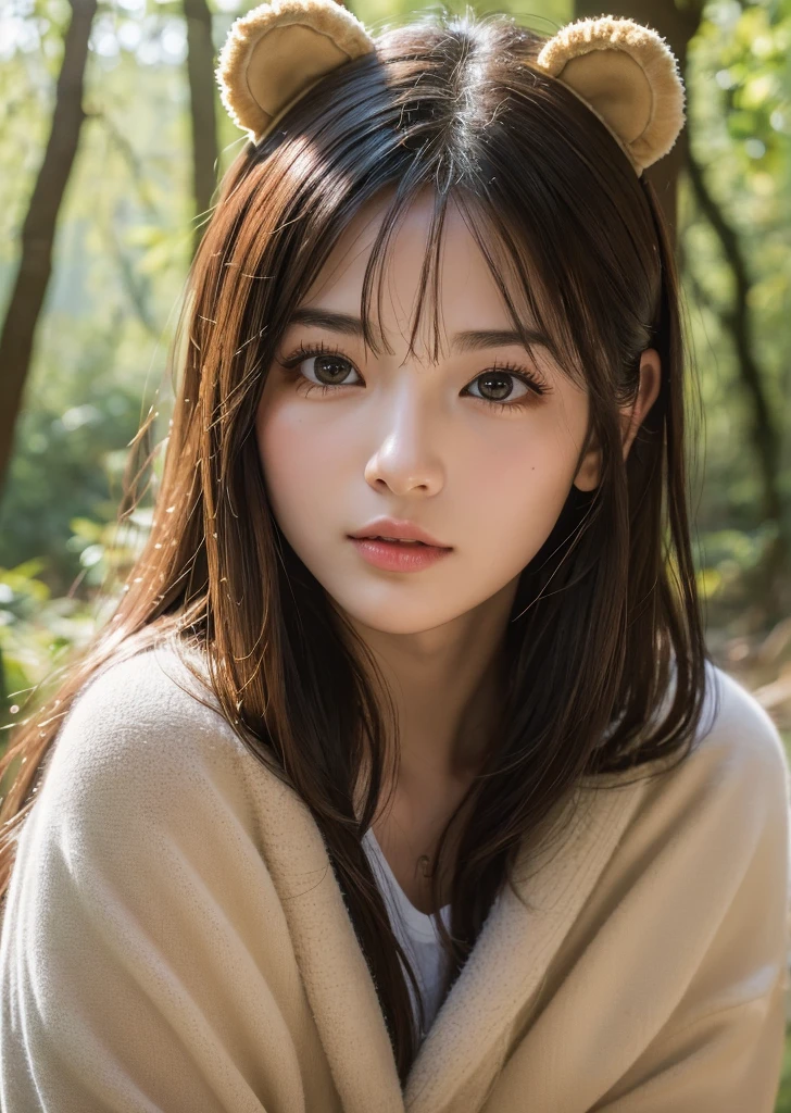 (Realistic, photo-Realistic:1.37),(8K, RAW Photos, Highest quality, masterpiece:1.2), cute, Ultra-detailed, 超High resolution, Kodak Vision Color, Filmed with an Arricam LT camera,Highest quality, Lively, 8K, High resolution, 1 girl, Escape, (Professional Lighting), (Portraiture:0.6), Black Hair, (Medium Hair),21 years old、slender、 Long Hair, Modern photography, wear (bear costume), (Portraiture), cuteクマのワンジーパジャマ, Super soft light brown plush fabric, debtわdebtわフード, The bear has two ears、cuteクマの頭巾, (35mm, debt/2.8) Photo , Aperture, Highly detailed and exquisite, character, Hypermaximalist, beautiful, reveal, Charm, Charm, Affectionate, Ultra-realistic, Very detailed, beautiful woman, ((Fine grain)), Long eyelashes, (Glossy Lips), In the mountains、forest、hiking、Lots of trees、Sunlight filtering through the trees、