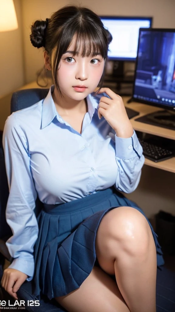 (Highest quality, 8K, masterpiece ), A -yeld jua young face、Bun hairstyle、 Short Hairstyles、The eyes are large and clear、F cup large breasts、Black Hair、My shirt is about to tear、Glamour thighs:1.2、Blue satin button-down shirt, Highly detailed face, double eyelid, Round face:1.2、whole body、Sexy thighs:1.2、Round face:1.3、Side angle,Diagonal horizontal angle:1.2、Pleated mini skirt、Sitting in a chair in a dark office at night with the lights out、A computer is placed in a dark office at night with the lights off.