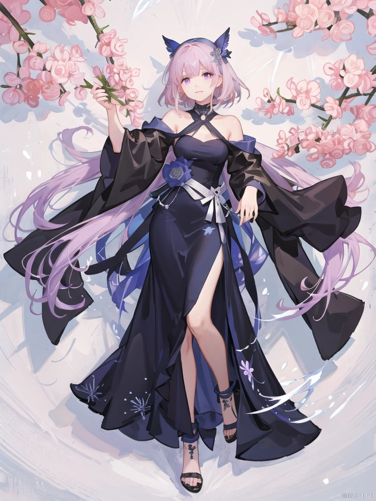 girl,(detailed face:1.2), Masterpiece, fashion,black dress,, medium hair, light pink purple hair, purple pink eyes,There are wings hanging on the head.,white background,vtuber,full HD,ปีกค้างคาวบนหัวซ้ายขาว,ผมยาวถักเปียด้านหลัง,ผมด้านหน้าประบ่า,สีผมไฮไลท์สีม่วง,มีโชคเกอร์ที่คอสีดำ,ชูสองนิ้ว