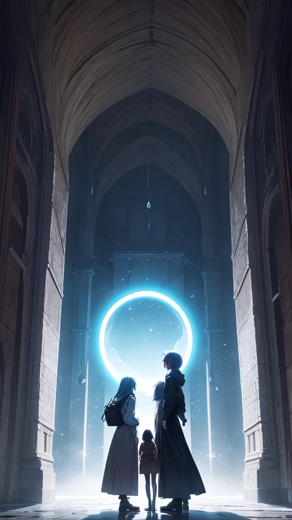 Three friends standing next to a portal to another world