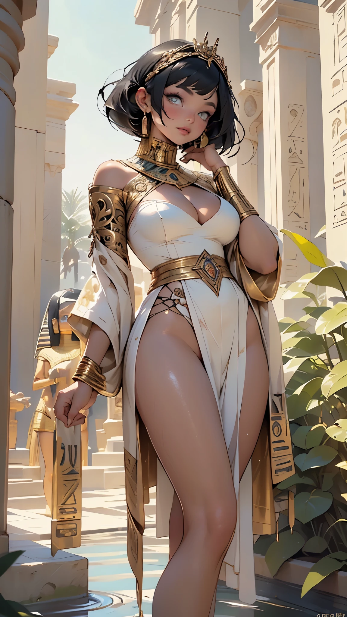 girl from ancient Egypt,1girl,necklace,((((black race)))),(((tan,dark skin,black skin:1.35,dark-skinned_female,dark skin:1.3,ebony skin))),
(large breasts:1.4),((((Medium hair, Bob haircut,((black straight hair)),bang:1.5,colored inner hair)))),(((golden_eyes:1.3))),intricate eyes,beautiful detailed eyes,symmetrical eyes,((((lustrous skin:1.5,tanned skin,bright skin: 1.5,skin tanned,shiny skin,very shiny skin,shiny body,Reflective skin)))),(spider lower abdomen,narrow waist,wide hip,athletic body,inflated legs,thick thighs,(detailed face)),beautiful detailed lips,
cute,slutty,sensual,seductive look,seductive,((erotic)),opulent,sumptuous,((nsfw)),
cleopatra,(((Egyptian goddess))),Isis,Egyptian mythology,expression of evil,Egyptian clothing,queen of the Egyptian,majesty,beauty body,,Egyptian style,perfect flesh full of texture,egyptian tiara:1.5,nemes:1.3,zettai ryouiki,revealing clothing,show skin,cleavage,((egyptian outfit)),((intricate egyptian outfit)),egyptian accessories,(egyptian jewelry in her arms),usekh collar,earrings,(((hair tubes))),(((eyeshadow,egyptian makeup,eyelid makeup))),(((pelvis curtain))),(((wet clothes,intricate outfit,embroidered outfit,ornate outfit,intricate cloth,embroidered cloth,ornate cloth))),
(flirtatious pose:1.3), looking at viewer,embarrassed,centered,scale to fit dimensions,Rule of thirds,
outdoors,pillars,((pillars background,egyptian palace,egyptian palace background,pyramids in the background)),scenery,extremely scenery,(puddles everywhere,moss,moss on the background), Egypt style,Egypt castle,lily pads,palms,(sunset, golden hour),
(Glossy Egyptian ornaments),highres,sharp focus,(ultra detailed,extremely detailed),(photorealistic artwork:1.37),(extremely detailed CG unity 8k wallpaper),(((vibrant colors,vibrant theme))),(intricate),(masterpiece),(best quality),artistic photography,(photography taken by sldr),(intricate background),perfect rendered face,perfect face details,realistic face,photo realistic,((intricate detail)
