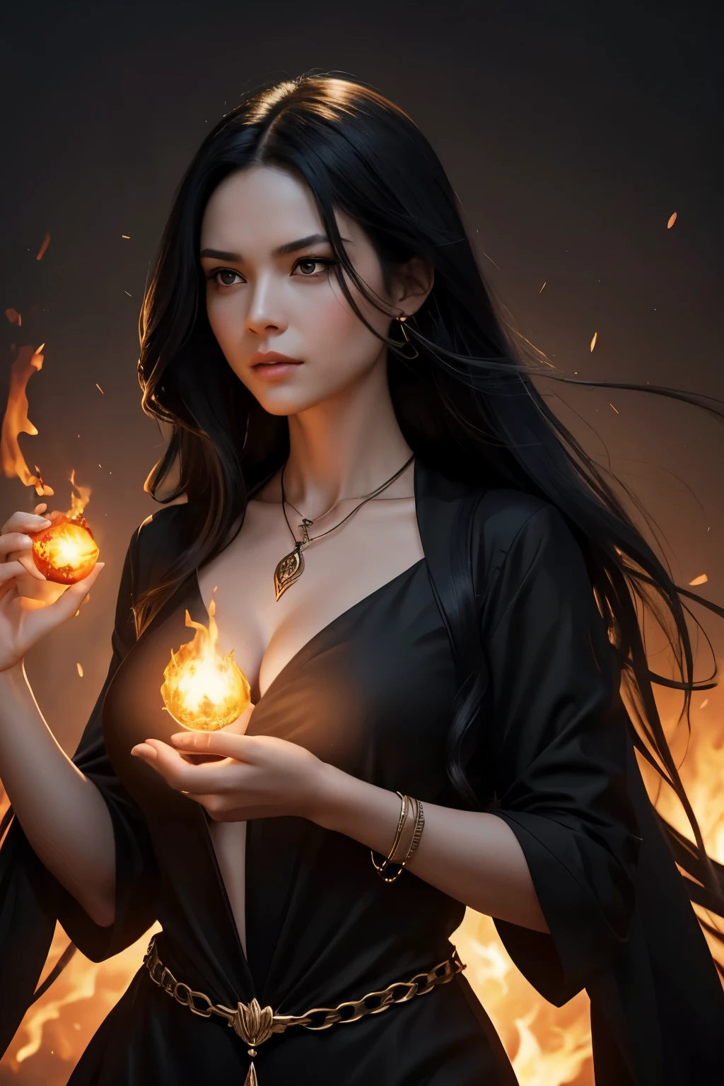 Create an image of a woman with long black hair, Wearing elegant black clothes. She wears a necklace with a phoenix-shaped pendant around her neck.. The woman is holding a fireball with her hands, illuminating your face and highlighting the details of the pendant. The background should be dramatic and mysterious, with shadows that highlight the woman’s figure and the fireball. The image must convey power, Mystery and strength.