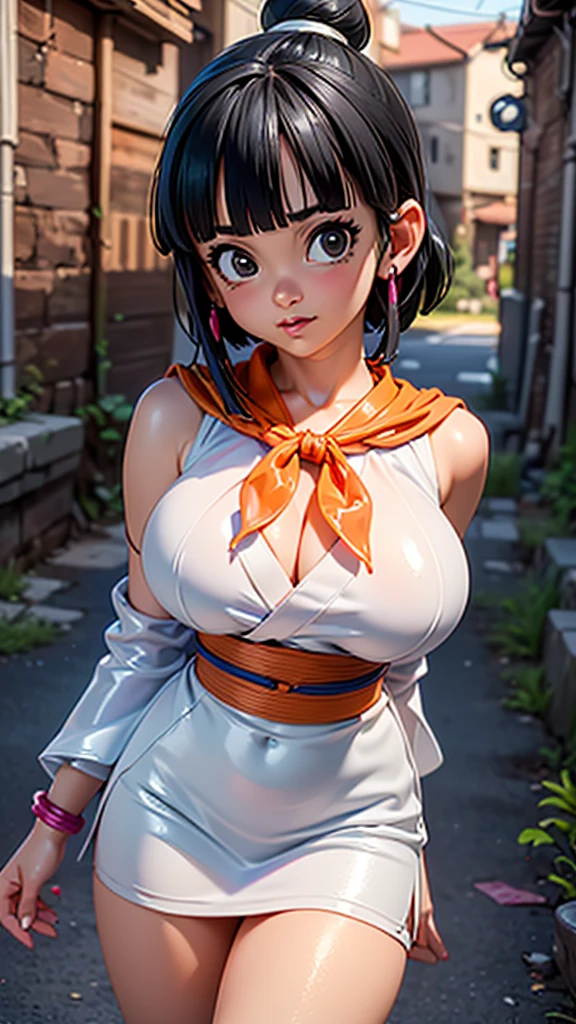 (ultra realistic,32k,RAW photo:1.1),(high detailed skin:1.1), 8k uhd, dslr, high quality, film grain, (makeup, mascara:1.1),(Videl dragon ball :1.4), lips,(thick\lips\), ,(Cyberpunk ruined dungeon ruins alley background :1.4 ), (miniskirt white :1.4), (medias blancas brillantes/pantys:1.4),(japanese white kimono :1.4),
(shiny glossy translucent clothing:1.4 ), dragon ball, bbchichi, single hair bun, hair bun, (blunt bangs:1.4) , sidelocks, black eyes, earrings,( orange neckerchief:1.4) , orange scarf, purple dress, sleeveless, bracelet, huge breast,
(looking at viewer, portrait:1.1),,
(busty:1.1) , (chubby:0.1),(soft shaded neon light:1.1),dark theme, A very clean and well organized contemporary place, (dynamic cowboy pose), (perfect anatomy :1.4), (Videl dragon ball V2.1), ,( ciberpunk 2.1),( mini skirt white :1.4