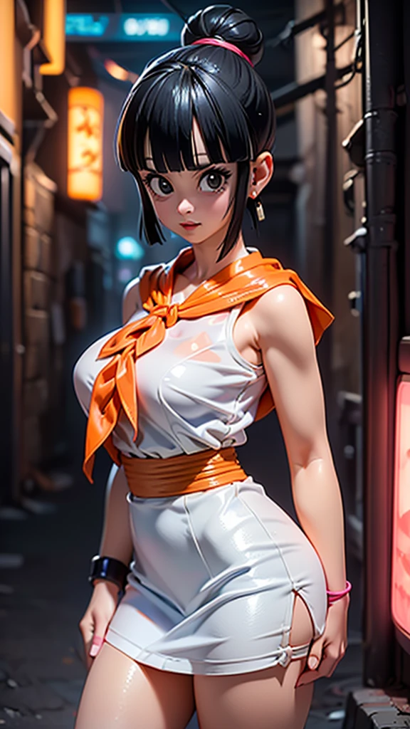 (ultra realistic,32k,RAW photo:1.1),(high detailed skin:1.1), 8k uhd, dslr, high quality, film grain, (makeup, mascara:1.1),(Videl dragon ball :1.4), lips,(thick\lips\), ,(Cyberpunk ruined dungeon ruins alley background :1.4 ), (miniskirt white :1.4), (medias blancas brillantes/pantys:1.4),(japanese white kimono :1.4),
(shiny glossy translucent clothing:1.4 ), dragon ball, bbchichi, single hair bun, hair bun, (blunt bangs:1.4) , sidelocks, black eyes, earrings,( orange neckerchief:1.4) , orange scarf, purple dress, sleeveless, bracelet, huge breast,
(looking at viewer, portrait:1.1),,
(busty:1.1) , (chubby:0.1),(soft shaded neon light:1.1),dark theme, A very clean and well organized contemporary place, (dynamic cowboy pose), (perfect anatomy :1.4), (Videl dragon ball V2.1), ,( ciberpunk 2.1),( mini skirt white :1.4