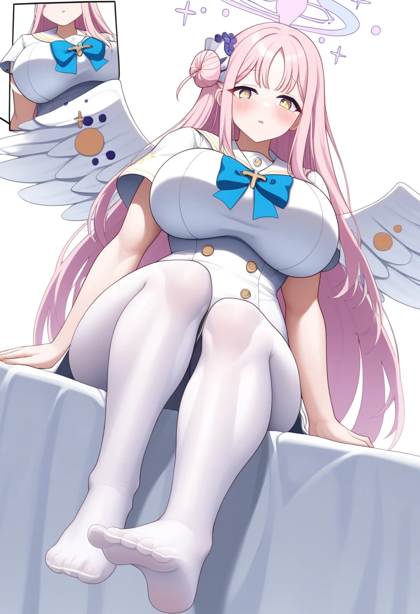 1girl, score_9, mika \(blue archive\), long hair, pink hair, yellow eyes,large breasts,braid,halo,short sleeves,white dress,white sailor collar,capelet,wings,white pantyhose,sitting,parted lips,hand on leg,blush,on bed,toes, close-up, from below, shiny skin,anime character with huge breasts and big muscles posing for a picture, oppai, oppai proportions, thicc, powerful and huge, biomechanical oppai, big arms, big muscle, heavy detailedig biceps, massive muscles