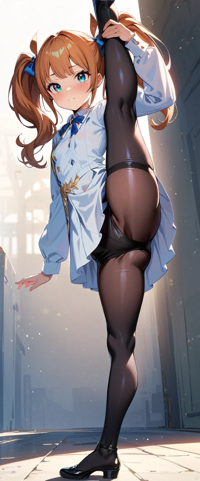 masterpiece, fullbody,, best quality, ridiculous, high resolution, 4k, ray tracing, intricate details, very detailed, (1girl: perfect face, small breasts , long ginger hair, petite, twin tails, freckles, shiny leggings) ,standing split,full body,standing on one leg,white background