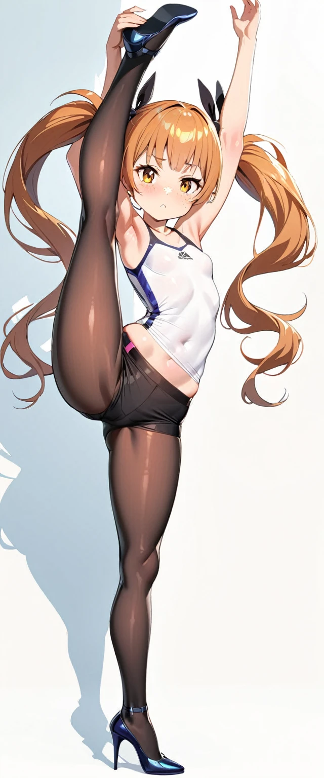  masterpiece, fullbody，, best quality, ridiculous, high resolution, 4k, ray tracing, intricate details, very detailed,  (1girl: perfect face,  small breasts , long ginger hair, petite, twin tails, freckles, shiny leggings) ，standing split,full body,standing on one leg，white background