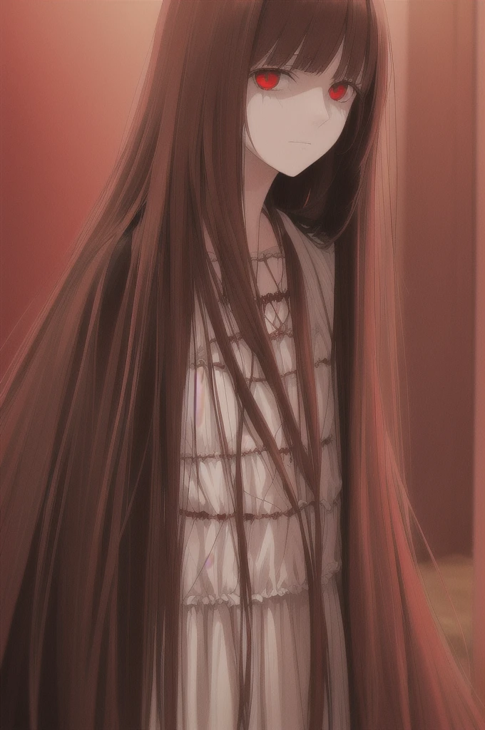 woman, long straight light brown hair, red eyes, with old clothes, dark inhabitant of terror, alone, scary face