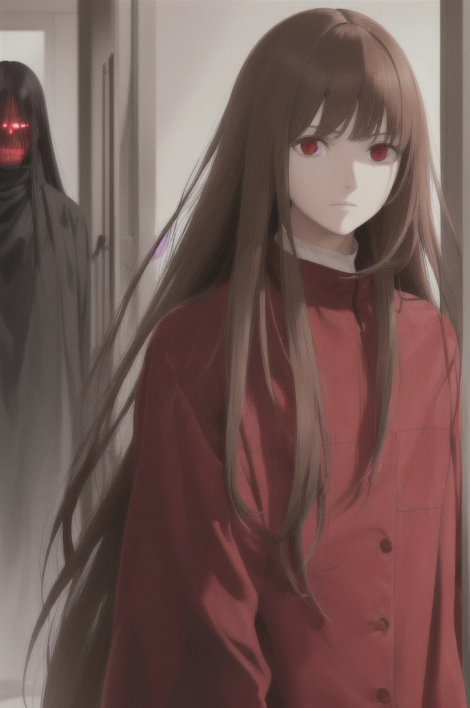 woman, long straight light brown hair, red eyes, with old clothes, dark inhabitant of terror, alone, scary face