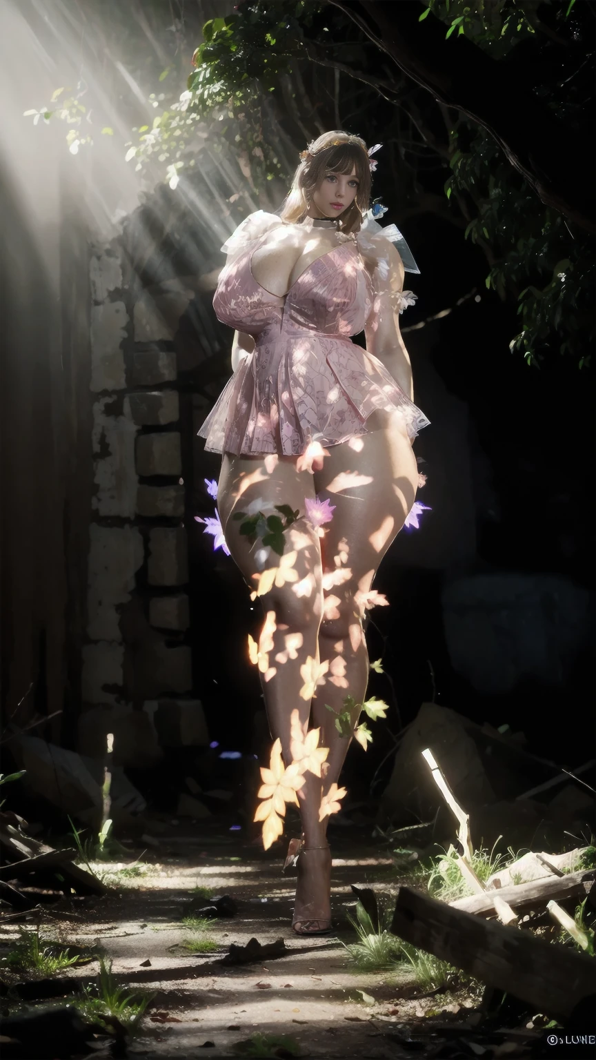 Big woman inside the at morning setting there she looks like fairy tale wearing glowing effects long scattered frock full body view,full face ,clear face, pinky chick, beautiful fingers