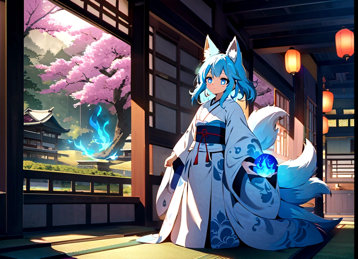 Anime Style　fox　blue　White-faced golden-haired nine-tailed fox　Coat blue　　　mysterious background　Blue Flame　girl　have a ball of light　 Light blue hair 　beast girl　indigo fur　fox beast girl　Wallpaper 4k,8k,highly detailled,,vivid colors,detailed kitsune with 9 tails,traditional Japanese artwork,tatami floor,beautiful cherry blossoms,floating lanterns,dark silhouette of a pagoda,subtle moonlight,dense forest,ethereal atmosphere,dappled sunlight,whimsical spirit,serene expression,elaborate kimono and obi,delicate hand-painted details,luminous eyes　Anime Style　fox　blue　White-faced golden-haired nine-tailed fox　Coat blue　　Anime Style　fox　blue　White-faced golden-haired nine-tailed fox　Coat blue　　　mysterious background　Blue Flame　girl　have a ball of light　mysterious background　Blue Flame　girl　have a ball of light