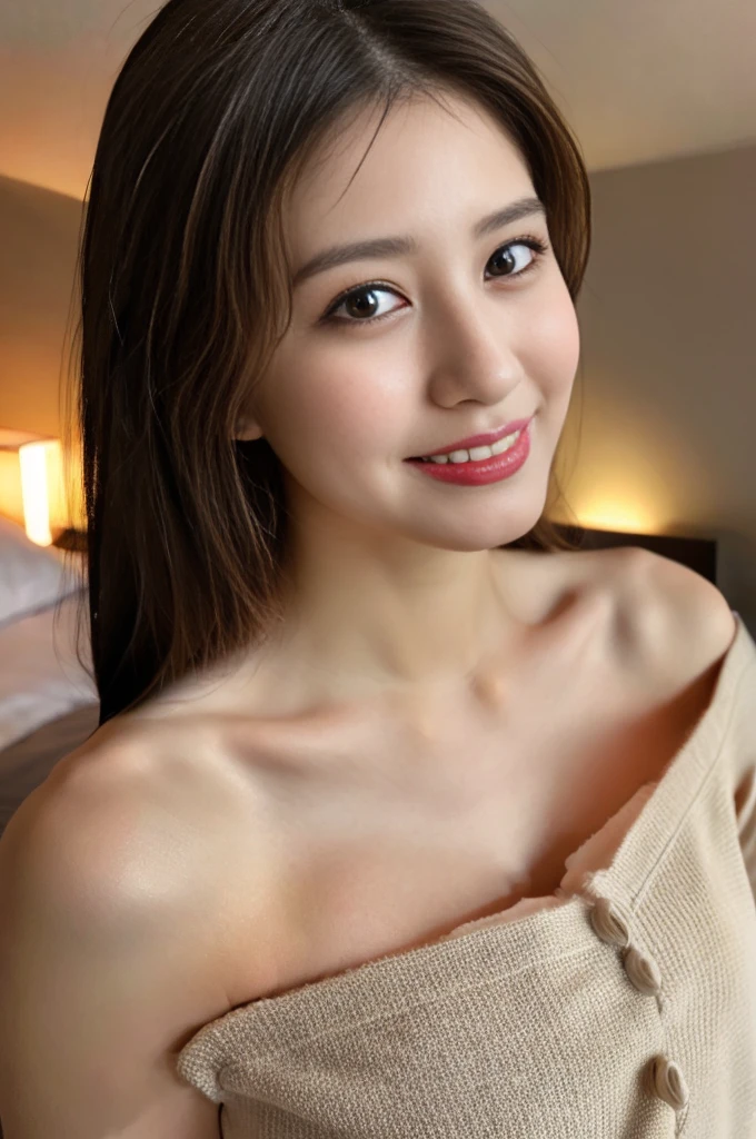 ((Highest quality、8K、High resolution、High resolution:1.3))、1 female、25 year old Japanese woman、((whole body:1.4))、(Sit on a chair、Sitting:1.1)、Slim figure、((Medium breast、Bust of average size、Beautifully shaped breasts:1.2))、With a smile、(camisole、淡い色のcamisole、Micro Panties:1.3)、Medium Hair、Dark brown hair、Detailed Hair、Cinema Lighting、Highly detailed face、Beautiful Lips、Detailed eyes、double eyelid、Beautiful black eyes、looking at the camera、Narrow Face、Sharp face line、Look at us、Natural smile、Portraiture、Photorealistic、A vivid face、Natural Makeup、8th life、In the bedroom、On the bed