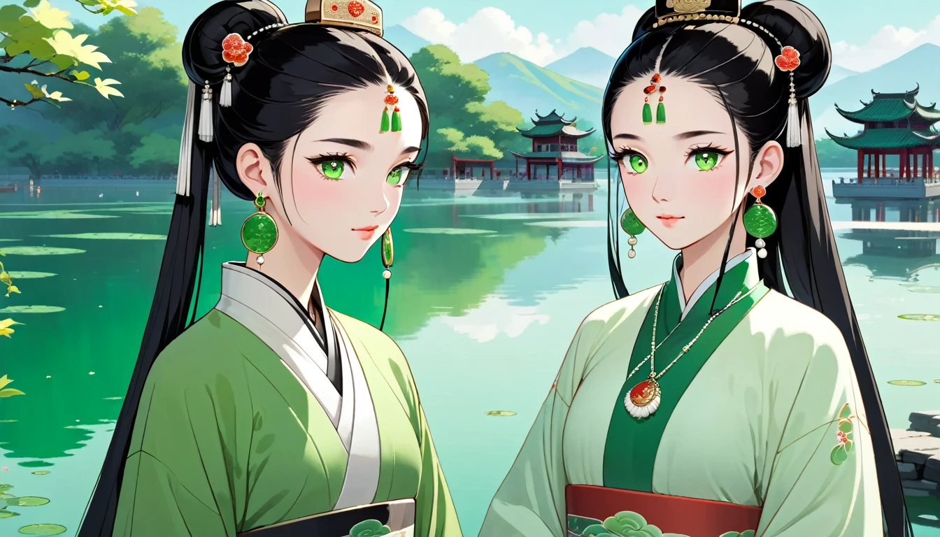 two women,A young ancient Chinese woman named Amy,Melon seed face,Fair complexion,eye color: black,Eyebrow: arc,Hair color: black,hairstyle: Straight Hair(High bun),headgear: White crown,earring: white earrings,Wearing white traditional Chinese clothing,decorate:white necklace.white bracelet。A young Chinese woman named Eva,Oval face,Fair complexion,green eyes,波浪形black長髮,earring: green earrings,Wearing green traditional Chinese clothing,decorate:green necklace.green bracelet。They were playing by the West Lake,Amy accidentally dropped the jade pendant into the lake。