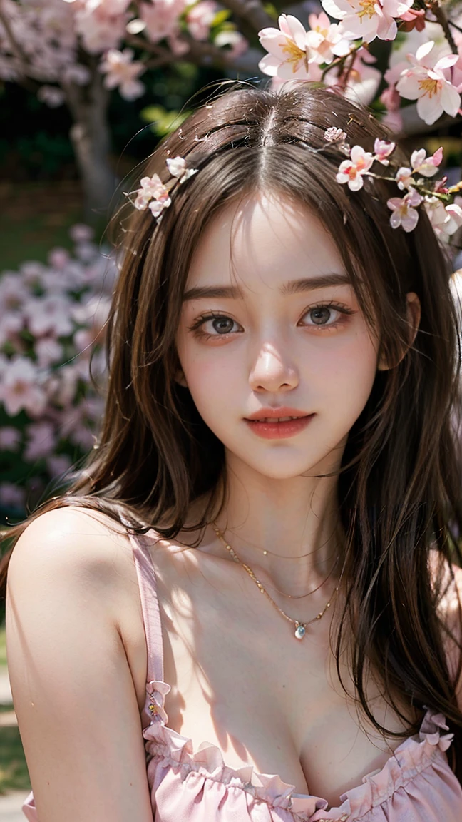 (Masterpiece, BestQuality:1.3), (ultra detailed:1.2), (hyperrealistic:1.3), (RAW photo:1.2),High detail RAW color photo, professional photograph, (Photorealistic:1.4), (realistic:1.4), ,professional lighting, (japanese), beautiful face, (realistic face), cute woman, (Big Breasts:1.5), (cheerful Smile:1.5), Trending Hair&Trending Hairカラーをランダムに, earrings, necklace, bracelet, sexly, erotic sexly, Random sexy gravure poses, (((A beautiful brown-haired woman wearing a pink summer dress、Smiling and posing sexy in front of a row of cherry blossom trees in spring。:1.2), Beautiful location, (Detailed Background), Random composition)