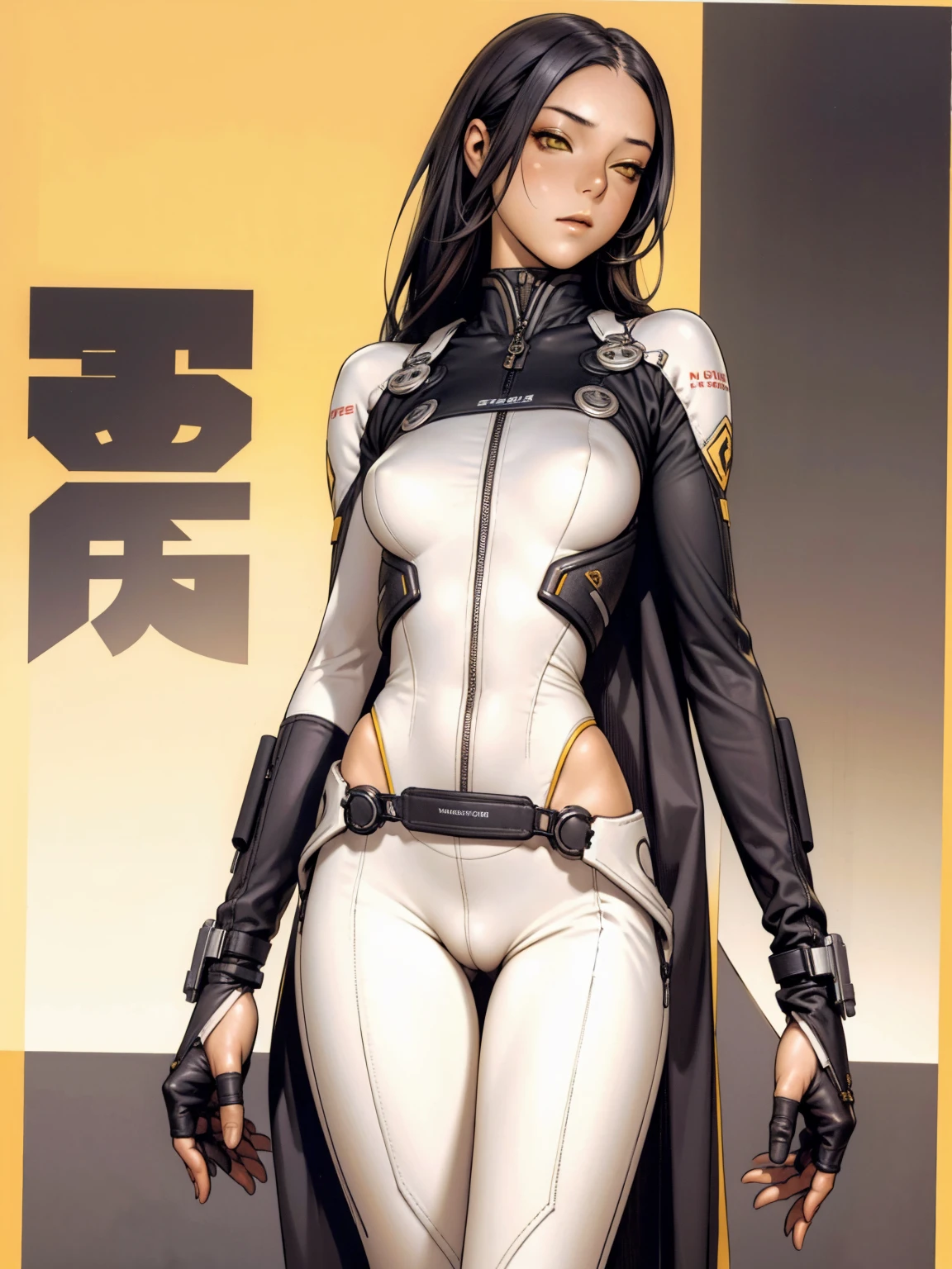 1 girl, Bblack hair, yellow eyes, pretty long hair, pale skin, shapely body, slenderbody, Waist slender, breasts big, (confident expression), pilot suit, tight slit, coxas nuas, sleeveless