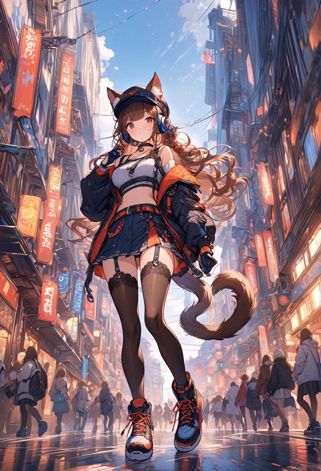 ((masterpiece:0), best quality, aesthetic, recent, absurdres, detailed, high quality)
BREAK
highest quality, top quality, details, highres, ultra fine painting, digital art, official art, cinematic, 4k, 8k resolution, 8K CG wallpaper, CG, original artwork, detailed background, colorful background, blue atmosphere, High Dynamic Range, blurry background, blue hour, Starburst effects, crepuscular rays, good ISO, high resolution, wide shot, from far away, RAW photo, POV, sharp focus, light reflection, reflections, intricate details, soft light, particle noise, professional photography, bokeh, depth of field, natural lighting, vibrant colors, looking away, detailed lights and shadows, stylish, ultra-detailed, top rated on Pixiv, trending on Artstation, niji style, modern-days, master crafted, pose
BREAK
solo, 1girl, a girl, correct fingers, detailed hair, (medium big breasts:1.2), big thighs, short torso, short body, flushtered, blush, anxious expression, casual, slim, ((cute, childlike face):1.3), nice hips, nice body, brown hair, (long flowing hair:1.1), big 2 buns hairstyle, long bangs, long hair, middle hair bangs, brown eyes
BREAK
((colorful outfit), off shoulder crop top, short skirt, headphone, jacket, casual cap, belts, straps, choker, gloves, boots, (stockings), garterbelt, accessories, outfit ornaments, sneakers, kemonomimi, 1 tail, correct tail, (full body)) 
BREAK
a person walking down a street with a crowd of people, crowded street, crowded streets, in front of a large crowd, giant crowd, girl walking through city, people walking down a street