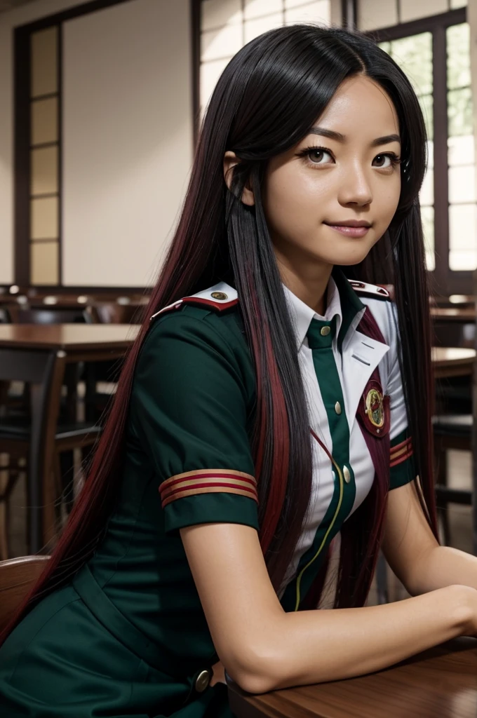 Screenshot of My hero academia Woman with not very long hair, black with red tips and a small green tuft, Chinese hair but not too curly Big but slanted wine-colored eyes, parts, some little fangs In the UA uniform sitting at a table 