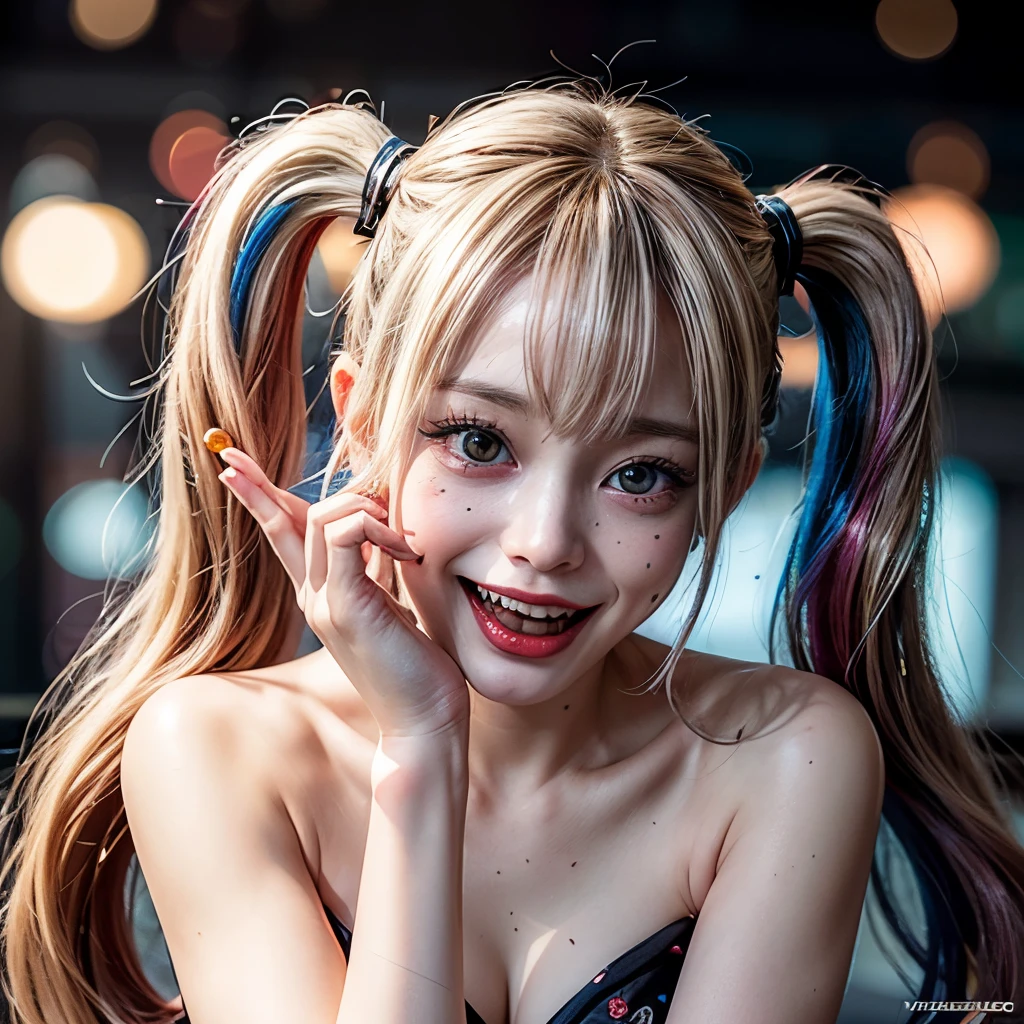 NSFW, 8k, High-level, absurd, masterpiece, best quality, primitive, very detailed CG, very detailed wallpaper, perfect lighting, Extremely detailed (((The personifying " Harley Quinn " as a ))), MysticSight, Tyndall effect, Tyndall scattering, Studio gray background with (many Dazzling RainbowColor particles BokeH:1.28), (RoundlyButts, ThighGap), (Exposed:0.4), (Assfocus with looking ahead), BREAK (NOGIZAKA face variations) Extremely Detailed very KAWAII face variations, perfect anatomy, Childish, captivating gaze, elaborate detailed Eyes with (sparkling highlights:1.28), long eyelashes、Glossy RED Lips with beautiful details, Coquettish tongue, Rosy cheeks, Radiant PearlSkin with clear transparency . { (Dynamic LifeLike expressions:1.4) | :d) }, (large eyes:-1) .
