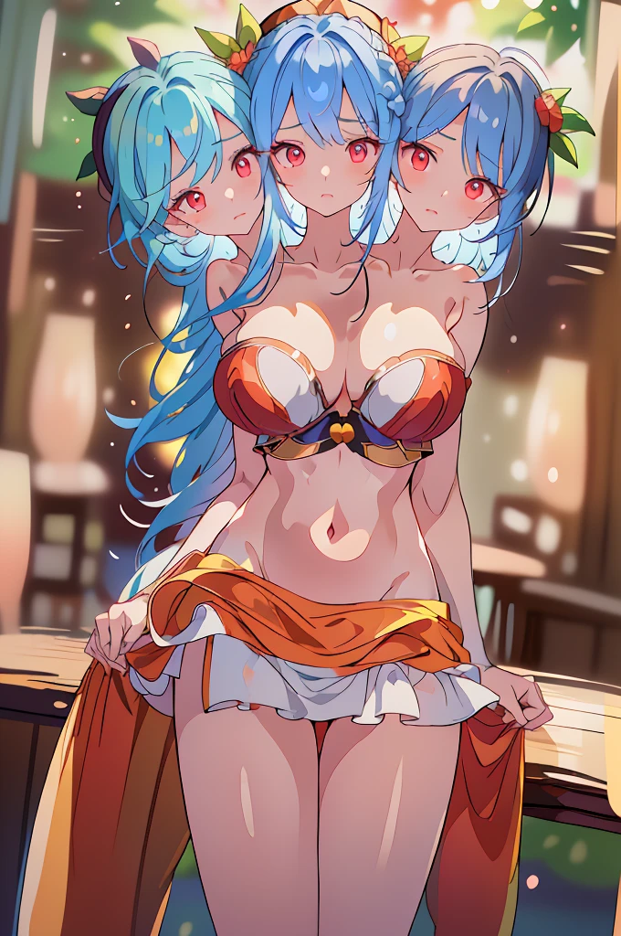 (masterpiece, best quality), best quality, (ultra-detailed), (3heads:1.5), 1girl,(hinanawi tenshi:1.3), masterpiece, (high quality), (high resolution), (best quality:1.5, highres, UHD), highres, absurdo, ultra detail, ultra quality white top, crop top, ((stomach)), midriff, ((groin)), blue skirt, normal ears, shackles, blue hair, very long hair, wavy hair, sidelocks, dark red eyes, very detailed eyes, parted lips, detailed eyes, sweat, cute, toned belly, hand on own chest, eyelashes, (25 year old woman:1.3), (masterpiece:1.5), (best quality:1.5), (beautiful detailed extremely detailed CG, extremely delicate and beautiful, depth of field, (finely detailed face), (perfect details:1.2), (mature female:1.4), wide pelvis, slender, large veiny breast, 16k resolution, very high quality, very high definition, extremely detailed, masterpiece, best quality, blue hair, long hair, alluring presence, braid, short skirt, close up, very big tits, huge tits, young, black hat decorated with two peaches and leaves, hat ornament,