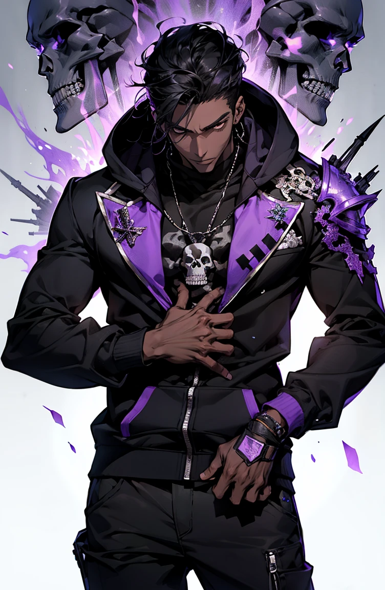 male with bones, looking away from camera, skulls, bones, handsome, black, dark skin, tall, broad shoulders, black hair, purple, purple fire, magic, detailed face, fantasy, hoodie
