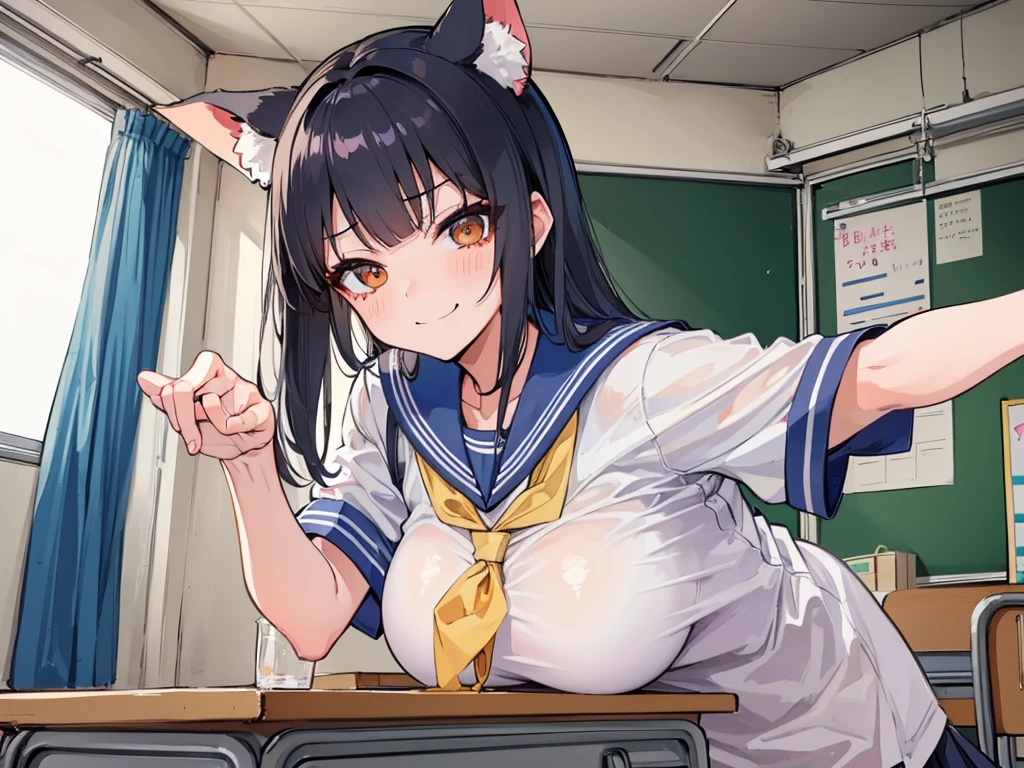 high school girl、School classroom、(())、((((独奏))))、smirk、1 girl、from below、With a cheek cane、I will never grow animal ears