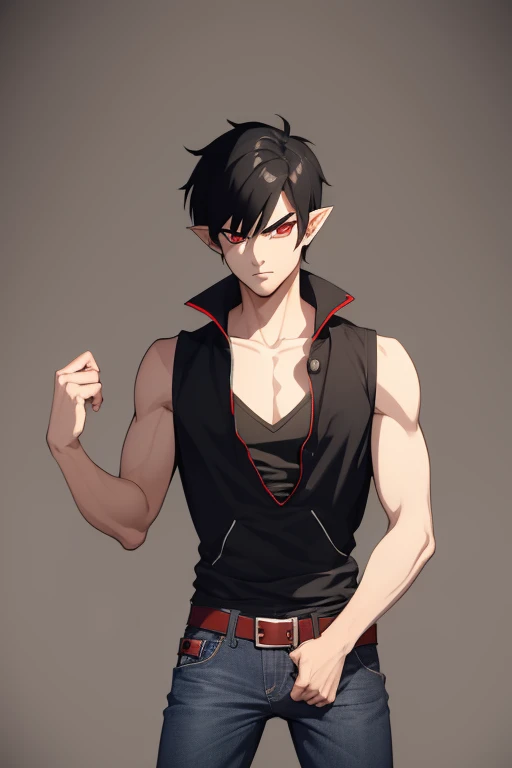 Marshall Lee Handsome 18 year old vampire boy with black hair, light brown skin, pointy ears, red eyes, gray tank top, open black jacket, black belt, blue jeans, looking directly at viewer with a white background.