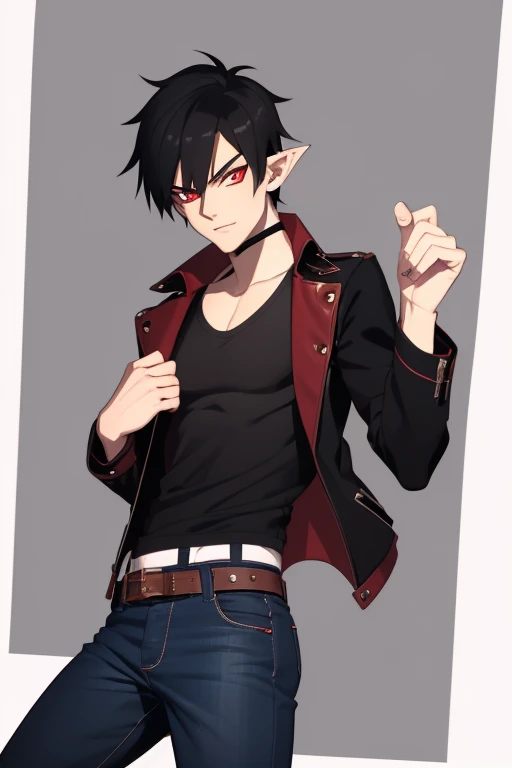 Marshall Lee Handsome 18 year old vampire boy with black hair, light brown skin, pointy ears, red eyes, gray tank top, open black jacket, black belt, blue jeans, looking directly at viewer with a white background.