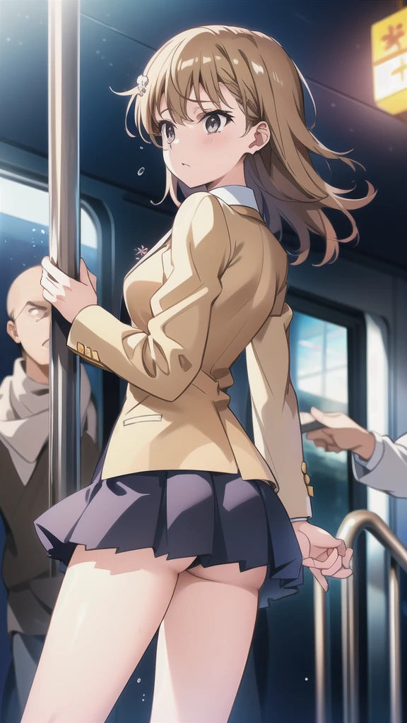 （Affirmative prompts）
(1 Girl)++, (masterpiece)+++, (Highest quality)+++, (Super cute)+++, lovelive!, Anime Color, , tears, (vapor)+++ , Being abused ,feigned ignorance, wearing blazer whiteshirt ,Check skirt , (Roll up your shirt), Out of place bra ,arched back, Crowded train,  (Many men standing behind a girl )++, Dynamic pose, Dynamic hand movements, (Grab your chest)+++, A man grabs a woman's arm , (Hands frying), (Floating Hand), (Grab from behind), The image shown is、Generated in stable diffusion。 ✧ (*´ `*) ✧ ° The prompt is:. To get your favorite images、You may need to generate multiple images at once。.Panty shot、Brasilia、erotic、Molester