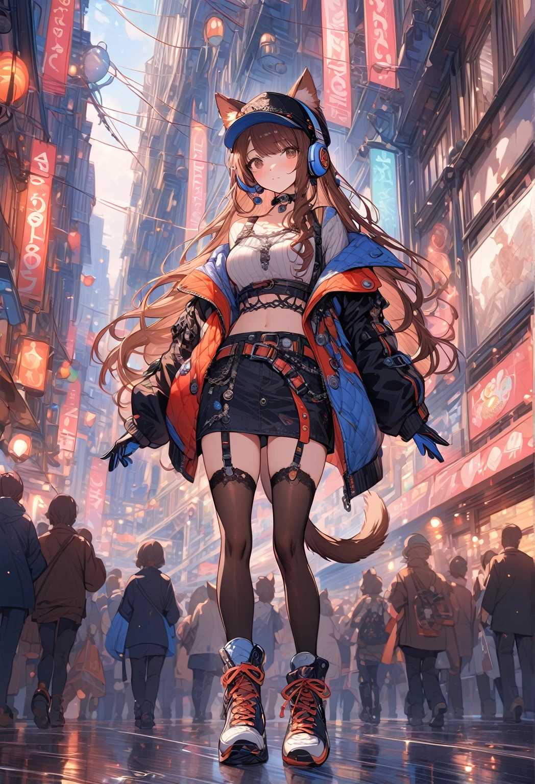 ((masterpiece:0), best quality, aesthetic, newest, absurdres, detailed, high quality)
BREAK
highest quality, top quality, details, highres, ultra fine painting, digital art, official art, cinematic, 4k, 8k resolution, 8K CG wallpaper, CG, original artwork, detailed background, colorful background, blue atmosphere, High Dynamic Range, blurry background, blue hour, Starburst effects, crepuscular rays, good ISO, high resolution, wide shot, from far away, RAW photo, POV, sharp focus, light reflection, reflections, intricate details, soft light, particle noise, professional photography, bokeh, depth of field, natural lighting, vibrant colors, looking away, detailed lights and shadows, stylish, ultra-detailed, top rated on Pixiv, trending on Artstation, niji style, modern-days, master crafted, pose
BREAK
solo, 1girl, a girl, correct fingers, detailed hair, (medium big breasts:1.2), big thighs, short torso, short body, flushtered, blush, anxious expression, casual, slim, ((cute, childlike face):1.3), nice hips, nice body, brown hair, (long flowing hair:1.1), big 2 buns hairstyle, long bangs, long hair, middle hair bangs, brown eyes
BREAK
((colorful outfit), off shoulder crop top, short skirt, headphone, jacket, casual cap, belts, straps, choker, gloves, boots, (stockings), garterbelt, accessories, outfit ornaments, sneakers, kemonomimi, 1 tail, correct tail, (full body))
BREAK
a person walking down a street with a crowd of people, crowded street, crowded streets, in front of a large crowd, giant crowd, girl walking through city, people walking down a street