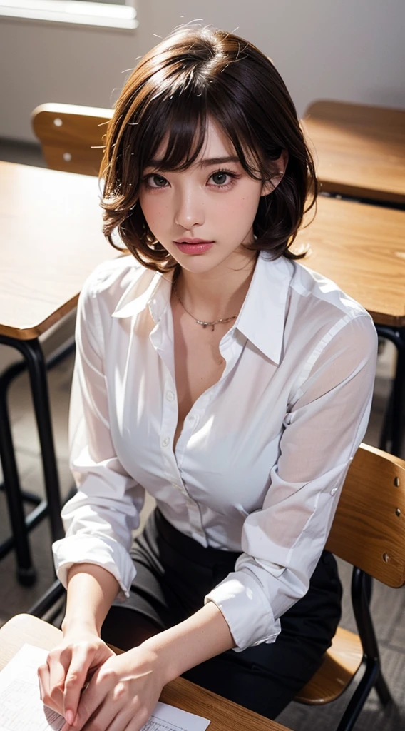 ((Tabletop, Highest quality, High resolution, Hmph, Pixel perfect, 4K, Hmph, Hmph))), One Girl, single, alone, Beauty、The whole body is visible、 ((Short Wavy Hair, bangs, Brown Hair)), ((Brown eyes, Beautiful eyelashes, Realistic eyes)), ((Detailed face, Blushing:1.2)), ((Smooth texture:0.75, Realistic texture:0.65, Realistic:1.1, Anime CG Style)), Medium chest, Dynamic Angle, Perfect body, ((White shirt,  Unbuttoned shirt、I'm not wearing shoes、White Sox)), An empty classroom、Sit at a desk、Lower&#39;I took my feet off the desk.............................................................、evening、、、Very embarrassing panic smile、(Spread your legs、Knees wide open、Floral lace panties)、、(Pink lace bra)、Angle from below