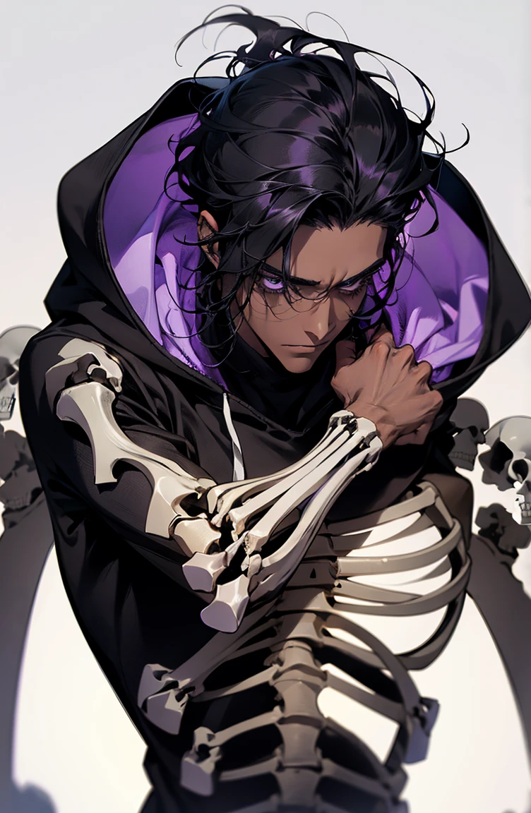 male with bones, looking away from camera, skulls, bones, handsome, black, dark skin, tall, broad shoulders, black hair, purple, purple fire, magic, detailed face, fantasy, hoodie
