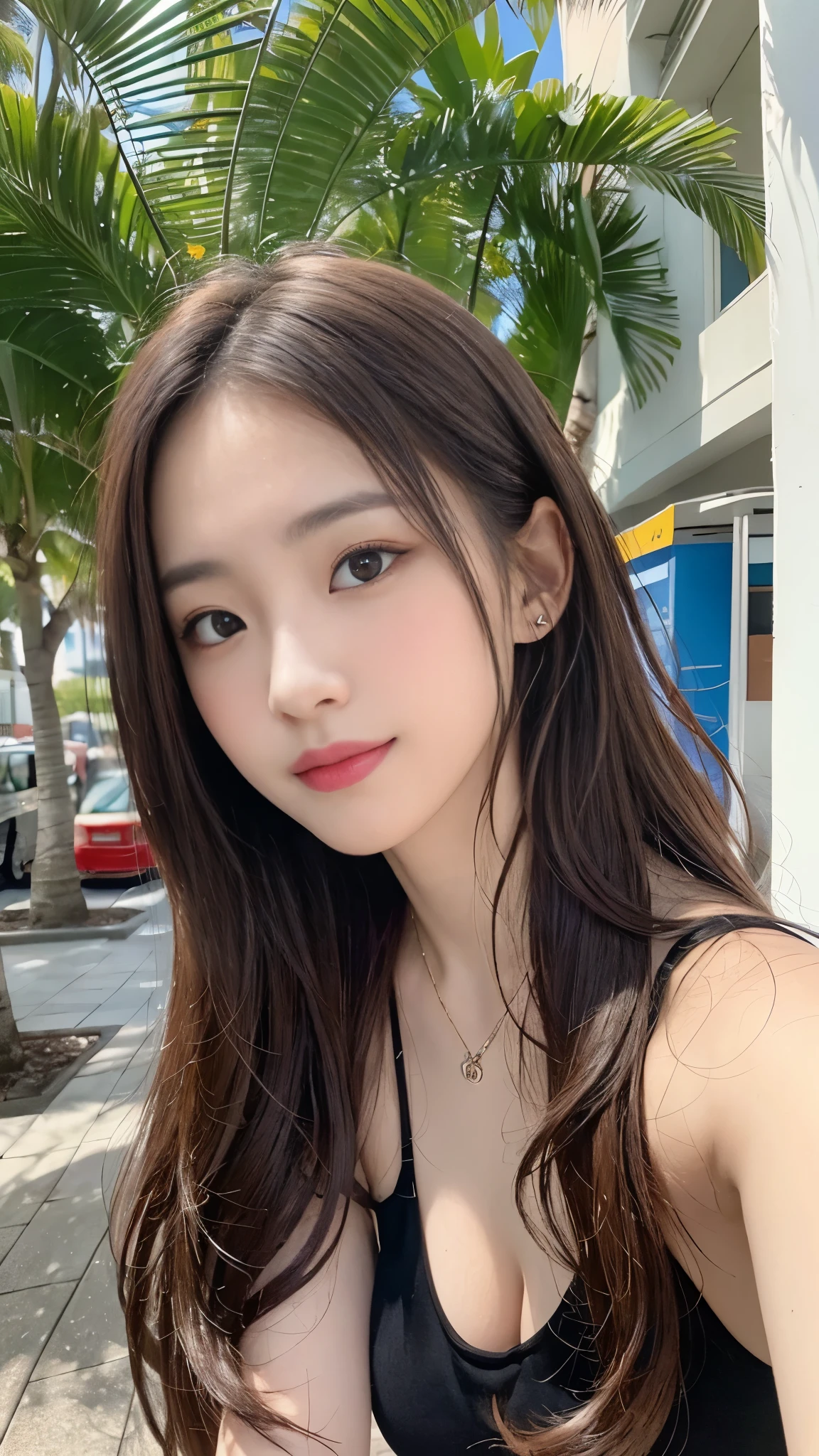 ((Realistic lighting、Highest quality、8K、Masterpiece:1.3))、Clear focus:1.2、 girl、Perfect Body Beauty:1.4、Slim Abs:1.1、whole body、((Dark brown hair、Large Breasts:1.3))、(Acceleration:1.4)、(nice、Dawn:1.1)、View of Waikiki Beach、Palm tree、Narrow Face、Beautiful Eyes、double eyelid、Fashion model posing、Floating Hair、T-Shirts、pendant、Cleavage、smile