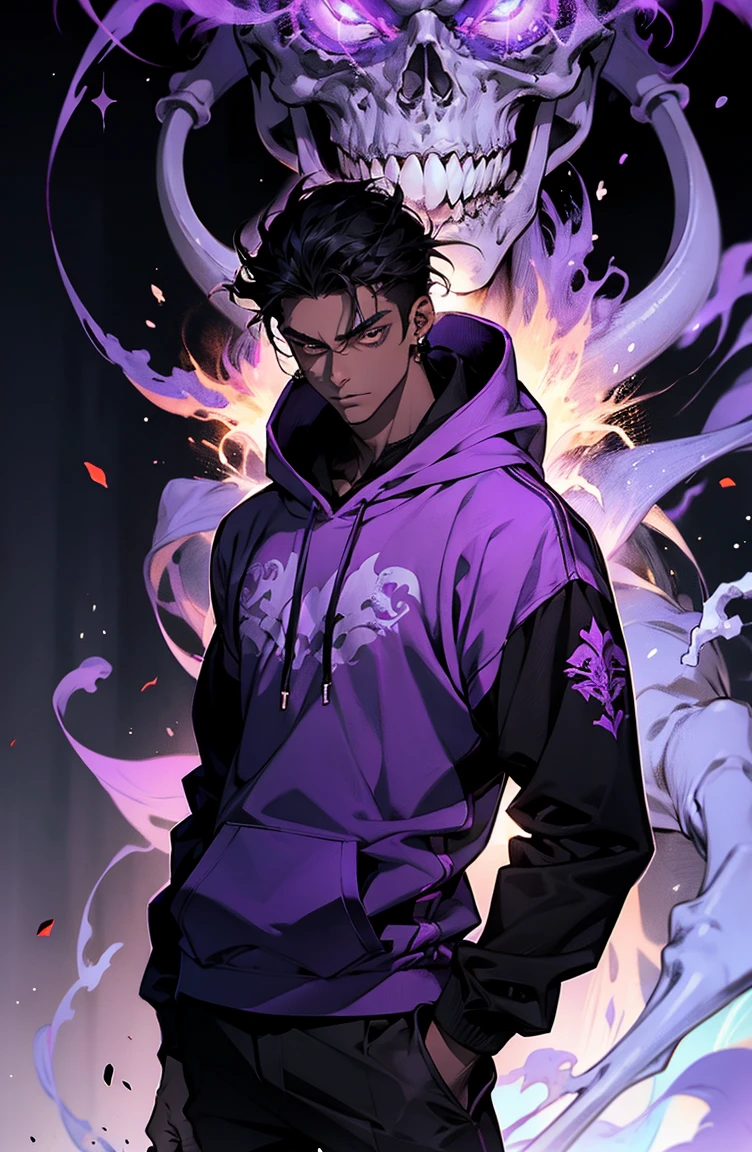male with bones, looking away from camera, skulls, bones, handsome, black, dark skin, tall, broad shoulders, black hair, purple, purple fire, magic, detailed face, fantasy, hoodie