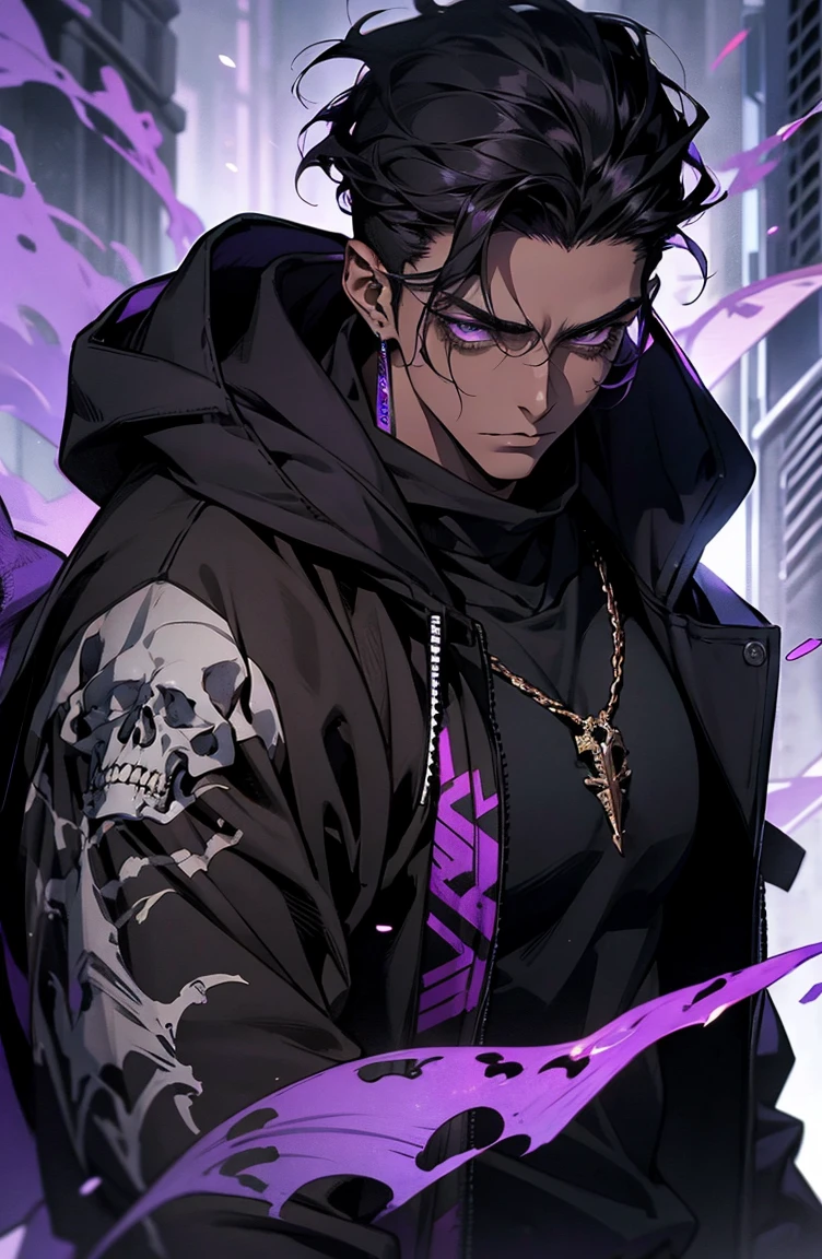 male with bones, looking away from camera, skulls, bones, handsome, black, dark skin, tall, broad shoulders, black hair, purple, purple fire, magic, detailed face, fantasy, hoodie
