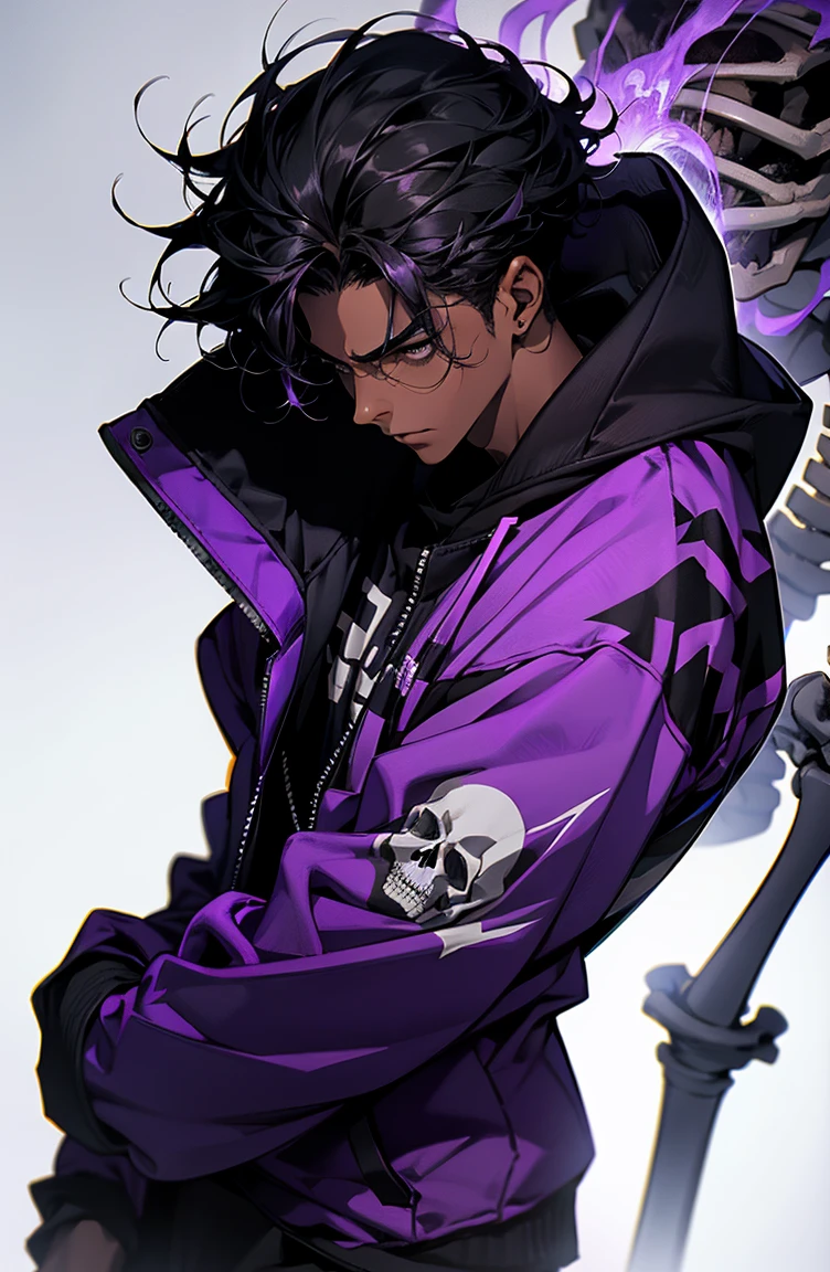 male with bones, looking away from camera, skulls, bones, handsome, black, dark skin, tall, broad shoulders, black hair, purple, purple fire, magic, detailed face, fantasy, hoodie