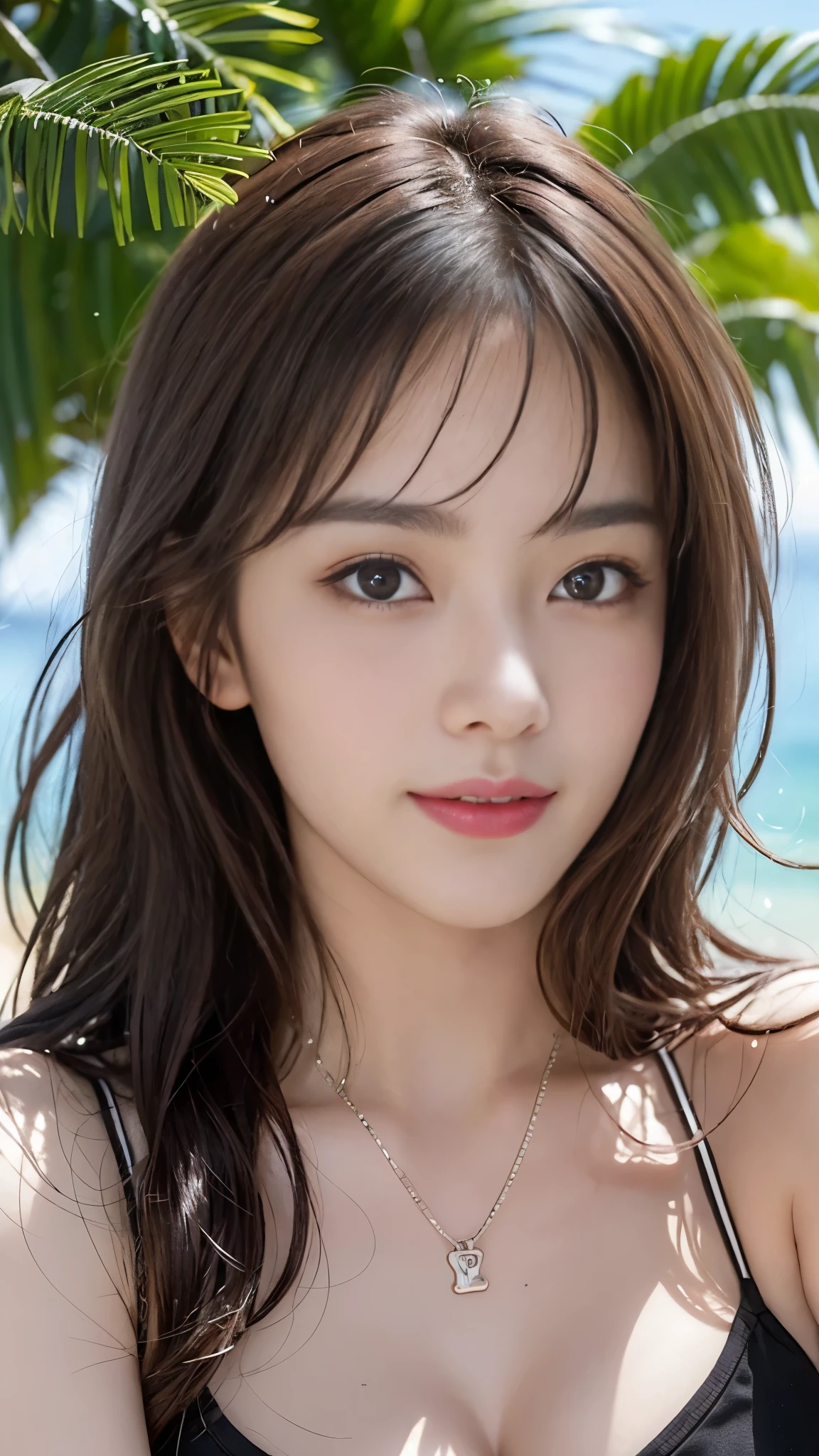 ((Realistic lighting、Highest quality、8K、Masterpiece:1.3))、Clear focus:1.2、 girl、Perfect Body Beauty:1.4、Slim Abs:1.1、whole body、((Dark brown hair、:1.3))、(Acceleration:1.4)、(nice、Dawn:1.1)、View of Waikiki Beach、Palm tree、Narrow Face、Beautiful Eyes、double eyelid、Fashion model posing、Floating Hair、T-Shirts、pendant、、smile