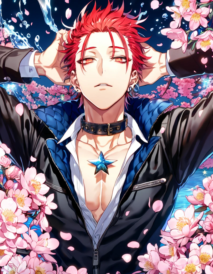 absurdres, highres, ultra detailed, HDR, master piece, Suoh Mikoto, red hair, hair is kept short, ruffled, slicked back and spiked, with two strands of hair near the opposite sides of his head falling over his face, expressive amber eyes, K Project, black leather jacket with fur, white v-neck shirt, star collar, sexy man, handsome, best quality, blossoms, pink petals, pink flowers, water, fantasy, magical, blue shining fireflies, a piercing, solo, toned chest