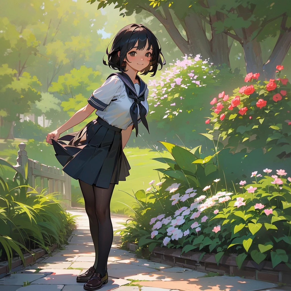 (Highest quality, High resolution, Super detailed, Realistic:1.37), Peaceful atmosphere, (Outdoor, garden), Teenage girl standing alone,(my breasts are big.),Beautifully detailed features, Cute Smile, ((Black bob hair)),Short-sleeved sailor uniform, Pleated skirt,Black tights,Brown leather shoes.